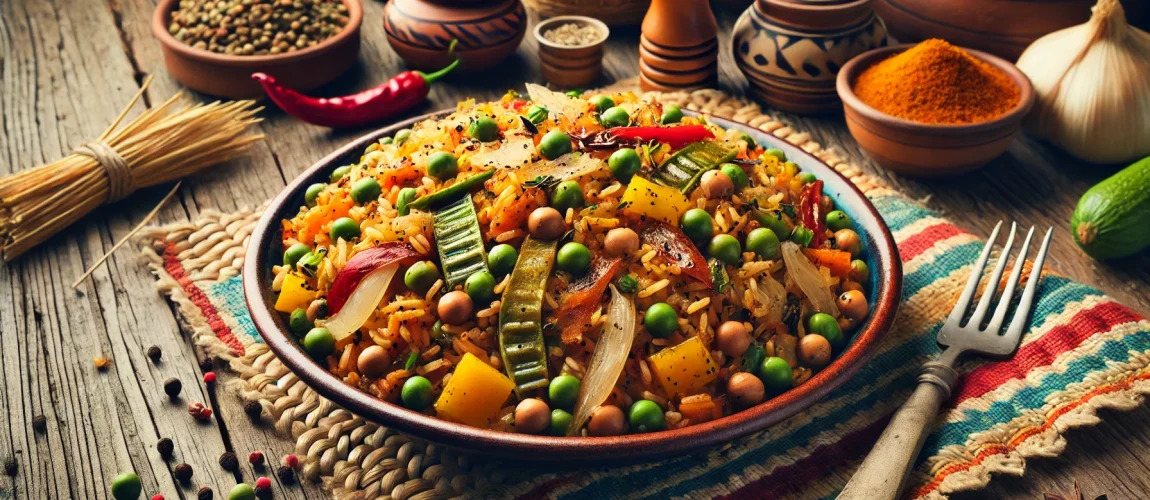 Plato de arroz con guandules y vegetales variados servido en un cuenco de barro, decorado con especias.
