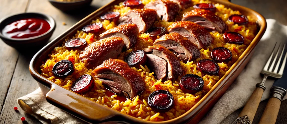 Arroz de Pato servido en una cazuela, con rodajas de chorizo y muslos de pato dorados.