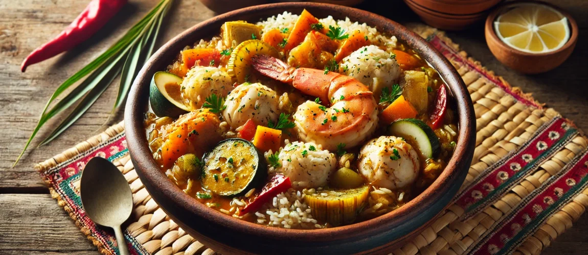 Plato de asopao dominicano servido en un bol grande, con mariscos, vegetales y arroz, acompañado de limón y especias.