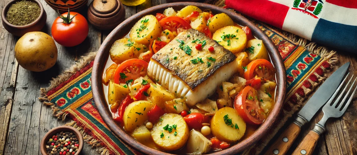 Plato de bacalao con papas y tomates, servido en un cuenco de barro, decorado con especias y una bandera dominicana.