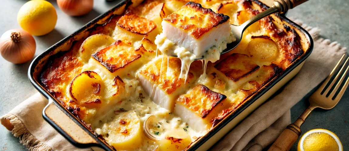 Bacalhau com Natas servido en una bandeja, con una capa de patatas doradas y cebollas caramelizadas.