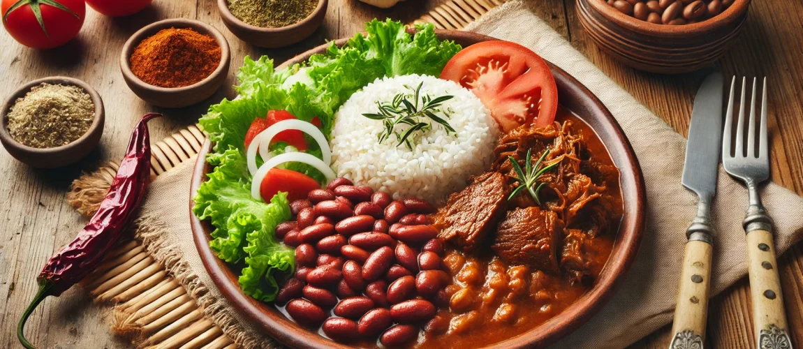 Plato de bandera dominicana servido con arroz blanco, habichuelas rojas, carne guisada, ensalada fresca y especias variadas.