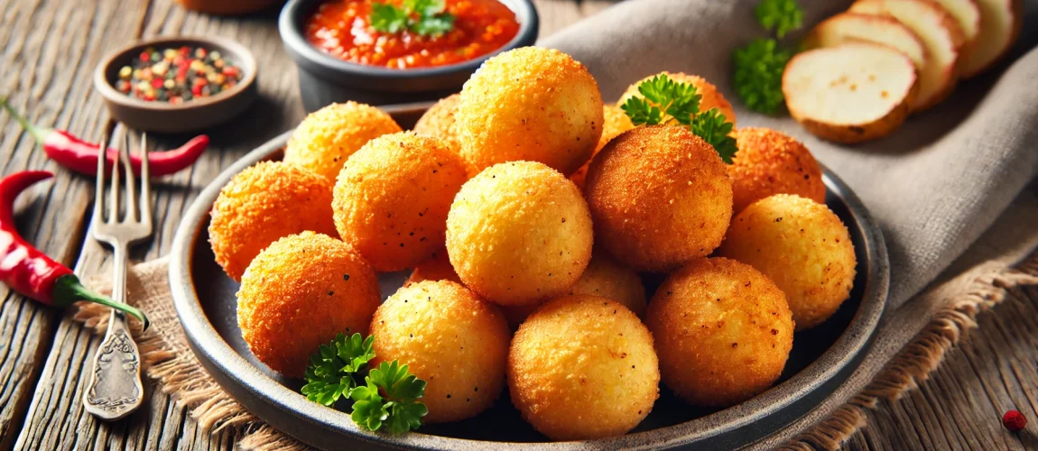 Bollitos de yuca dorados acompañados de salsa y decoraciones.