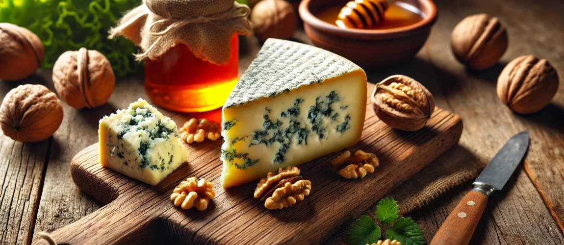 Queso cabrales acompañado de nueces y miel, con un tarro de miel al fondo.