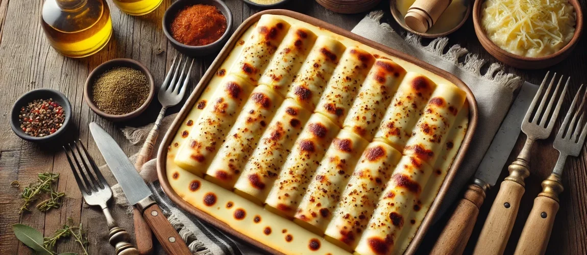 Imagen de unos Canelons de San Esteban, un plato tradicional catalán. La imagen muestra una fuente rectangular llena de canelones cubiertos con salsa bechamel y gratinados al horno hasta que están dorados. Alrededor de la fuente, sobre una mesa de madera rústica, se encuentran varios ingredientes y utensilios de cocina, incluyendo botellas de aceite, cuencos con especias, y queso rallado.