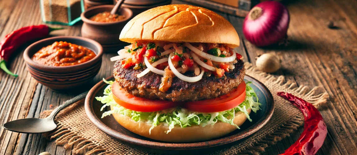 Hamburguesa de chimichurri dominicano con ingredientes frescos.