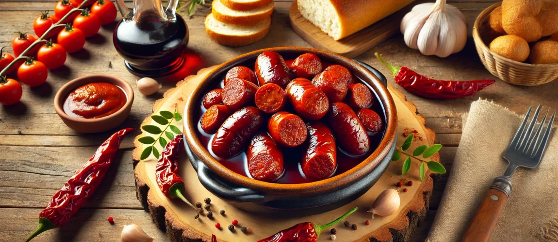Plato de chistorra acompañada de pan y ajo.