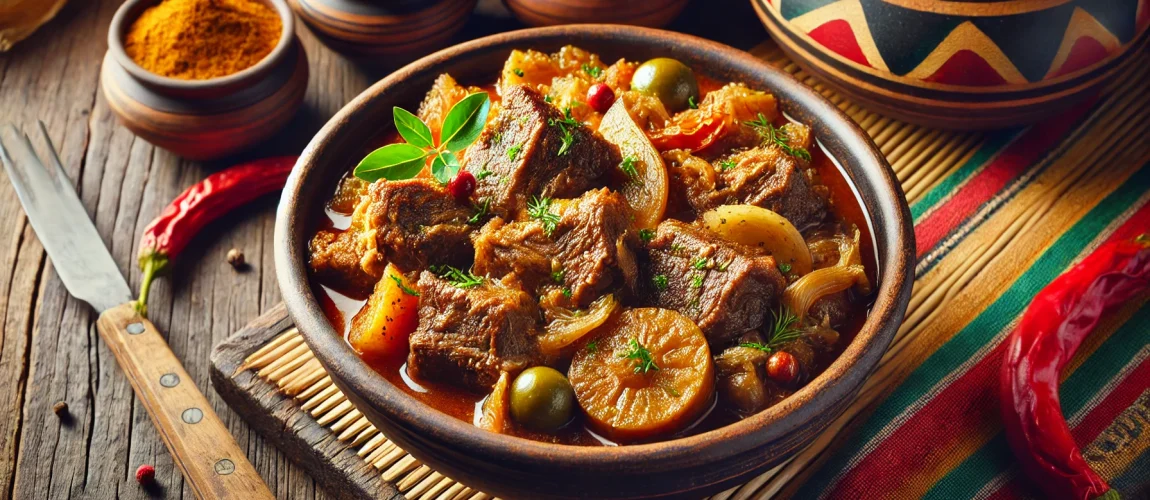 Plato de chivo guisado con vegetales y especias servido en un cuenco de barro.