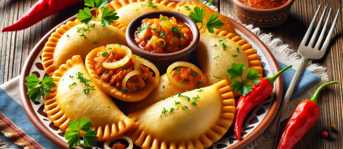 Empanadas de yuca servidas con salsa y decoraciones.