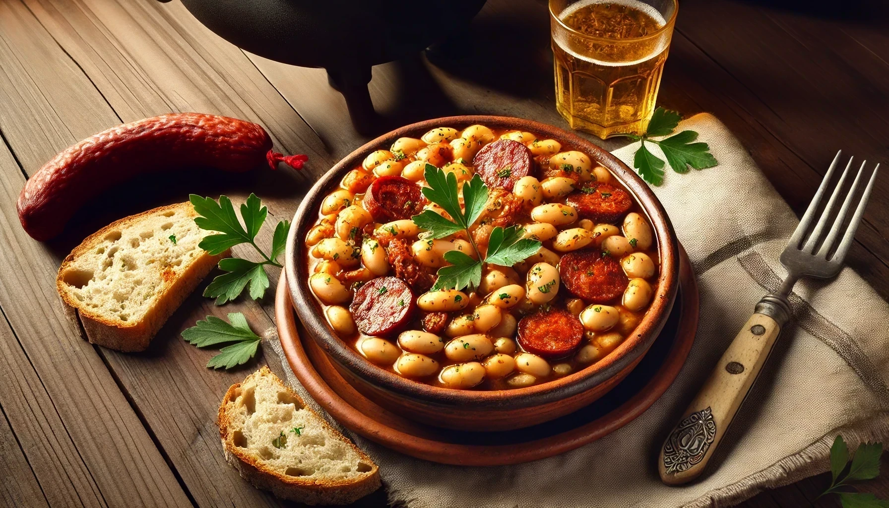 Plato tradicional de Fabada Asturiana servido con vino tinto y pan