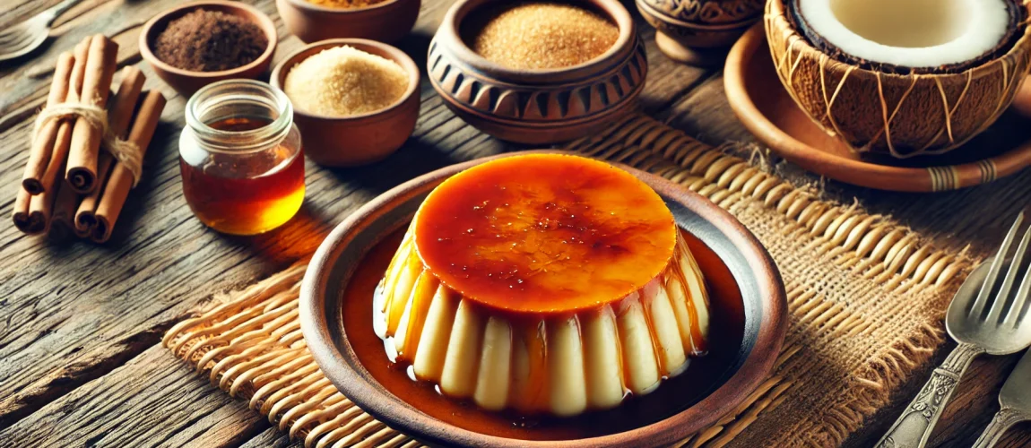 Flan de coco cubierto con caramelo servido en un plato de cerámica, acompañado de especias y miel.