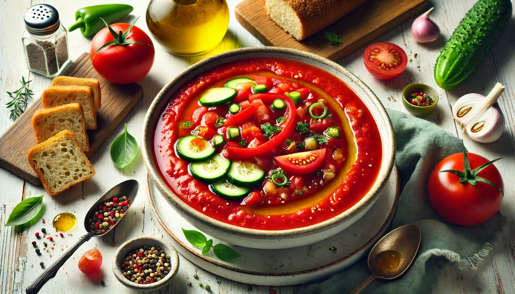 Tazón de gazpacho andaluz acompañado de vegetales frescos.