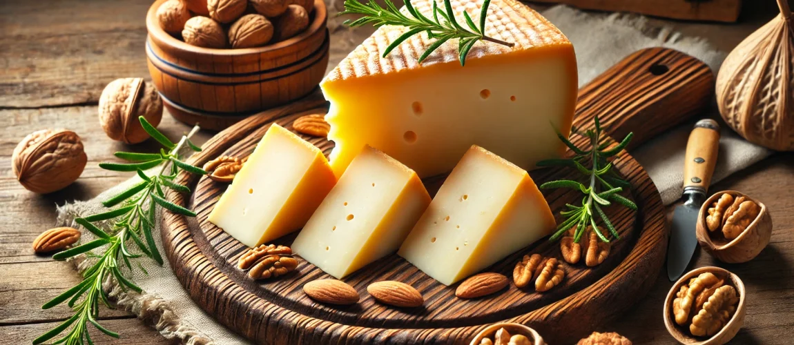 Tabla de queso manchego con almendras, nueces y hierbas.