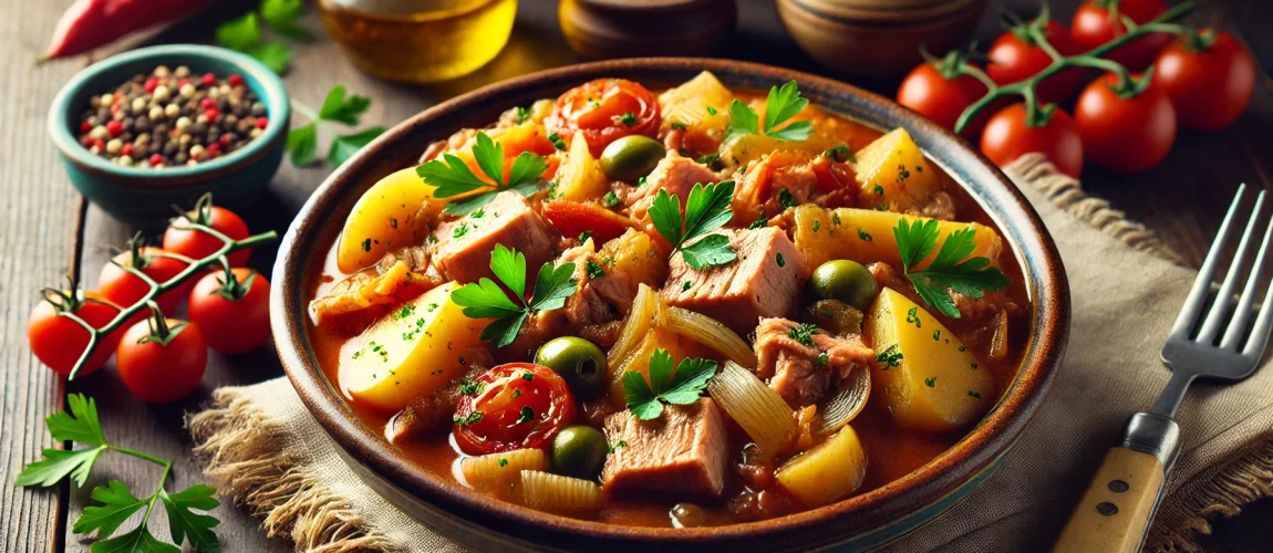 Marmitako de bonito en un cuenco de barro, decorado con perejil fresco, con tomates y especias al fondo.