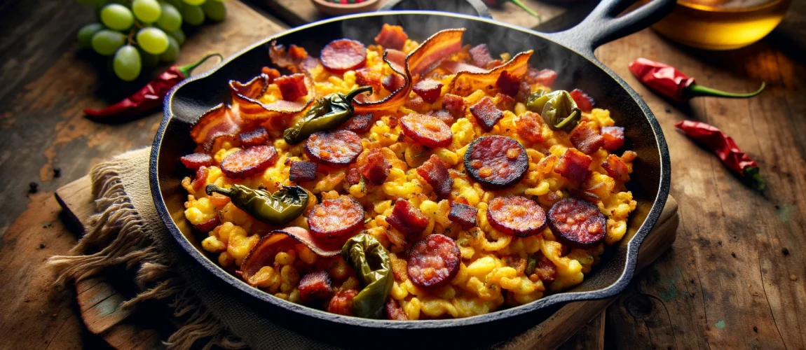 Sartén de migas con chorizo, tocino y pimientos asados.