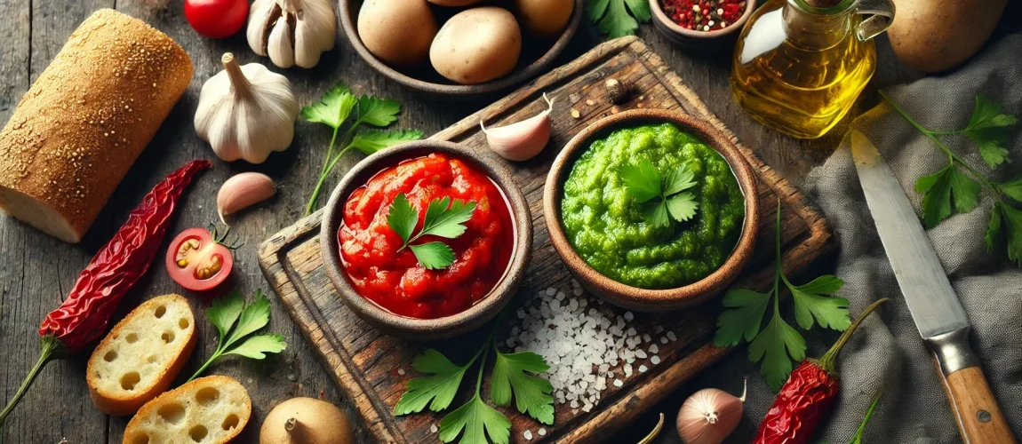 Cuencos de mojo rojo y verde rodeados de ingredientes frescos como ajo, pimientos, tomates, pan, patatas y aceite de oliva sobre una mesa rústica de madera.
