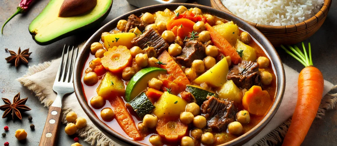 Mondongo servido con arroz blanco y vegetales frescos.