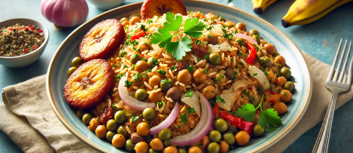 Plato de moro de guandules con plátanos fritos y vegetales.