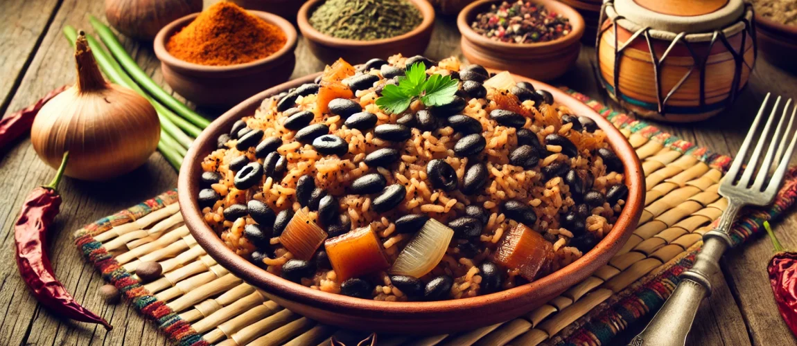 Plato de moro de habichuelas negras servido en un bol grande, acompañado de rodajas de plátano maduro frito y guarniciones de aguacate y ensalada fresca.