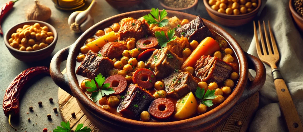 Primer plano de una olla podrida tradicional con garbanzos, trozos de carne, zanahorias, patatas y garbanzos