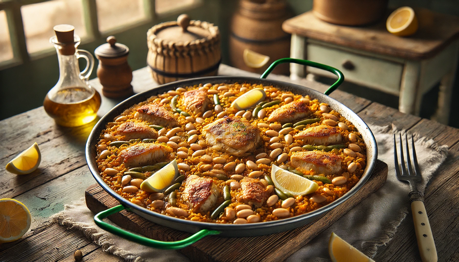Paella tradicional española con pollo y vegetales.