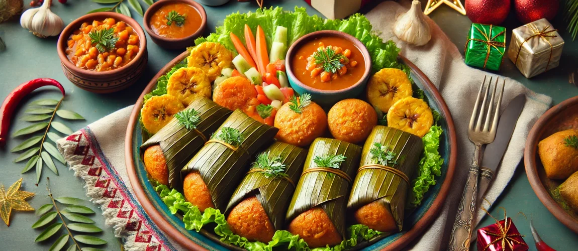Pasteles en hoja servidos en un plato festivo con acompañamientos.