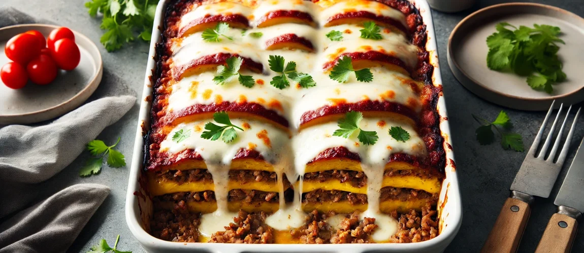 Pastelón de plátano maduro cubierto con queso derretido y cilantro fresco.