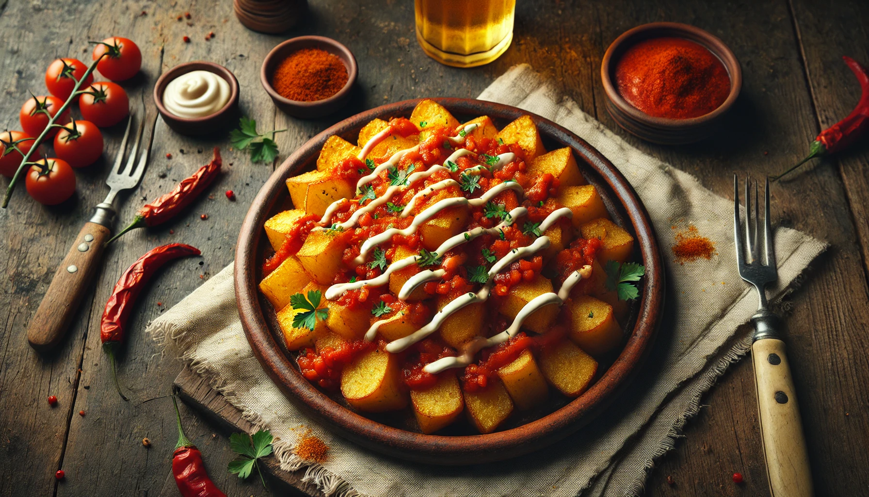 Patatas bravas servidas en un plato de barro, cubiertas con salsa brava y mayonesa, decoradas con perejil. Ingredientes como tomates cherry, pimientos rojos, ajo y especias en la mesa alrededor del plato.