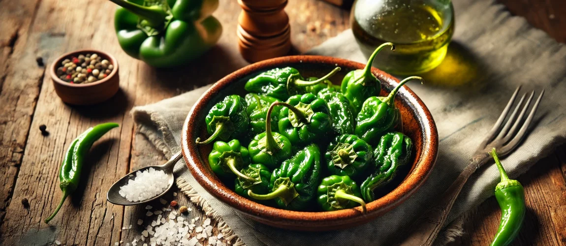 Primer plano de pimientos de Padrón servidos en un cuenco de barro, con especias y aceite de oliva al fondo.