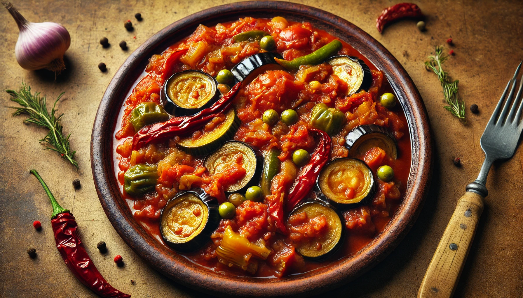 Pisto Murciano servido en un plato de barro, con trozos de berenjena, pimientos verdes y rojos, guisantes y tomates en una rica salsa. Ajo, hierbas frescas y especias visibles en la mesa alrededor del plato.