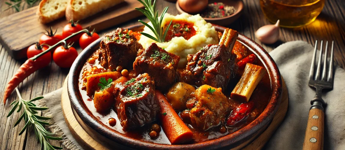 Plato de rabo de toro guisado, servido en una cazuela con patatas y verduras.