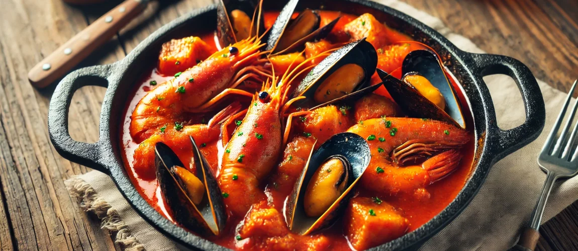 Imagen de un Romesco de Peix, un guiso tradicional de pescado y mariscos. En la imagen se observan mejillones, gambas y trozos de pescado cocidos en una salsa de tomate espesa. El plato se presenta en una sartén de hierro fundido sobre una mesa de madera rústica, con un tenedor y un cuenco de especias en el fondo