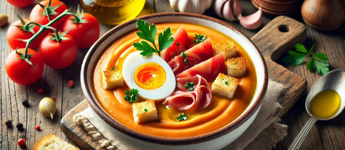 Tazón de salmorejo decorado con huevo duro y jamón serrano.