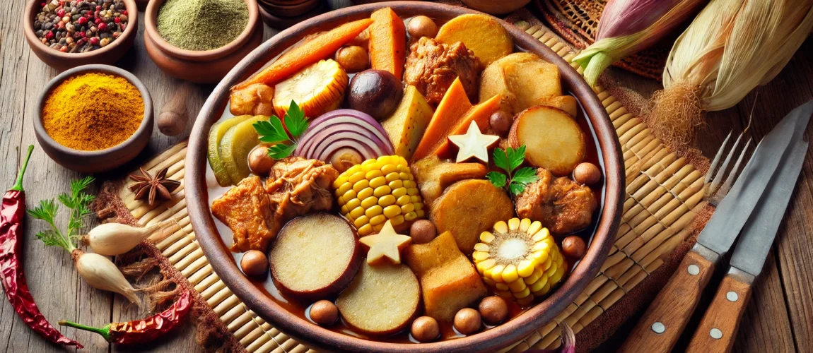 Plato de sancocho dominicano servido en un bol grande, con una variedad de vegetales, carnes y especias, incluyendo maíz, yuca, plátano, y batata.