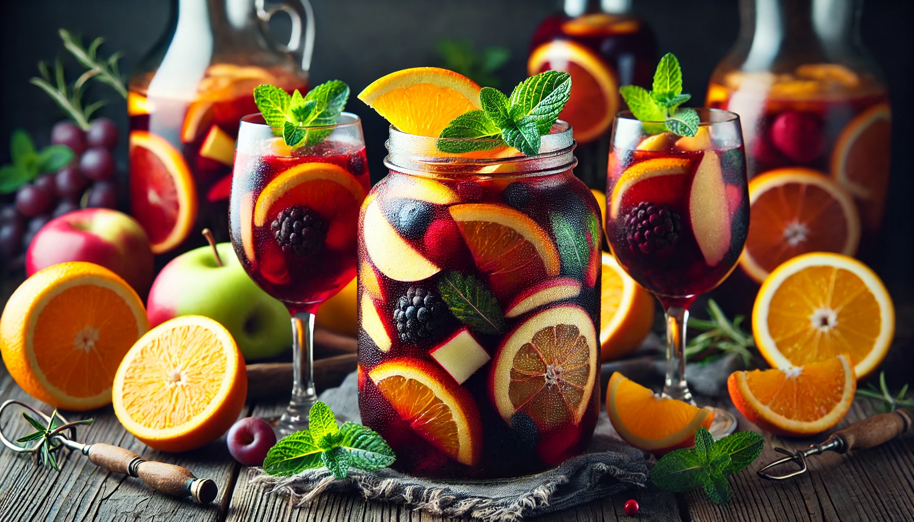 Sangría servida en un jarro y copas decoradas con rodajas de naranja, moras y hojas de menta fresca. Frutas variadas como manzanas y uvas en el fondo.
