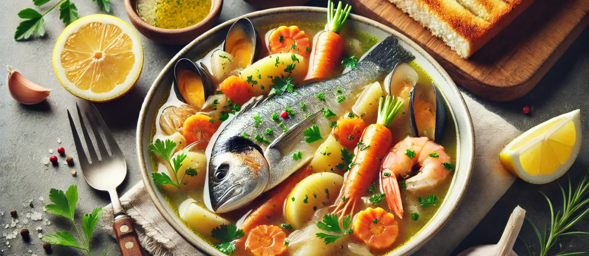 Plato de sopa de pescado con vegetales frescos y pan tostado.