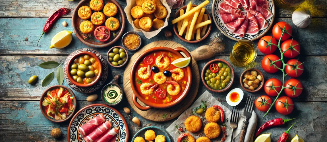 Plato de tapas españolas variadas, incluyendo aceitunas, jamón, quesos, y vegetales.
