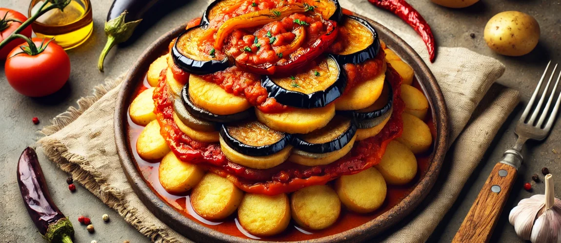 Imagen de Tumbet de Mallorca con capas de berenjenas, patatas, pimientos rojos y salsa de tomate.