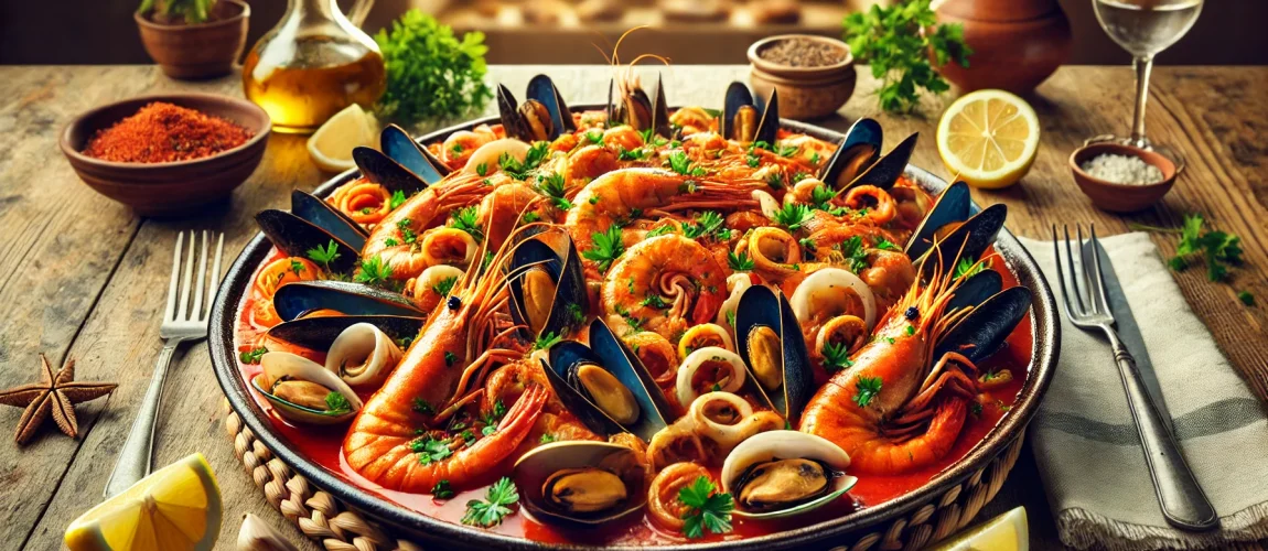 Platter de zarzuela de mariscos con gambas, mejillones, almejas y otros mariscos, decorado con perejil y rodajas de limón.