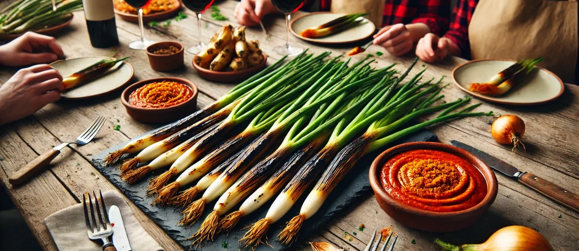 Calçots asados con salsa romesco y copas de vino, servidos en una mesa rústica.
