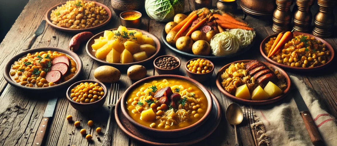 Un conjunto de platos que representan el cocido madrileño, incluyendo sopa de fideos, garbanzos con verduras y una variedad de carnes.