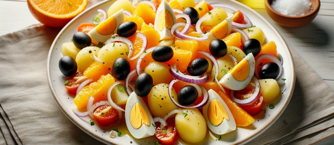 Plato de ensalada malagueña con patatas, huevo duro, naranja y aceitunas.