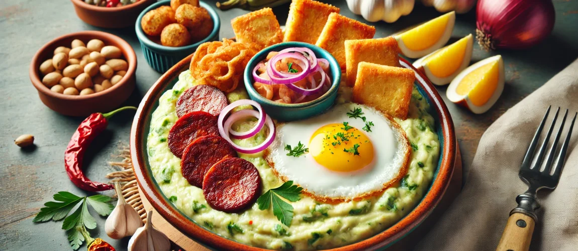 Mangú con Los Tres Golpes, servido con huevo frito, salami, queso frito y cebolla roja encurtida.