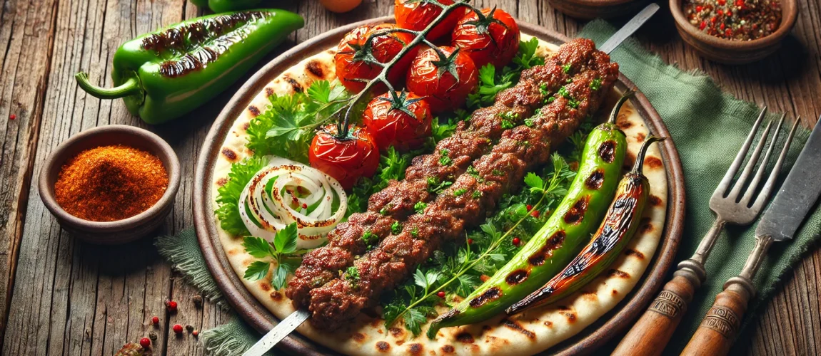 Imagen de un Adana Kebab, un largo kebab de carne picada y especiada servido sobre pan plano, acompañado de pimientos y tomates asados, cebolla con perejil y especias, en un plato rústico.
