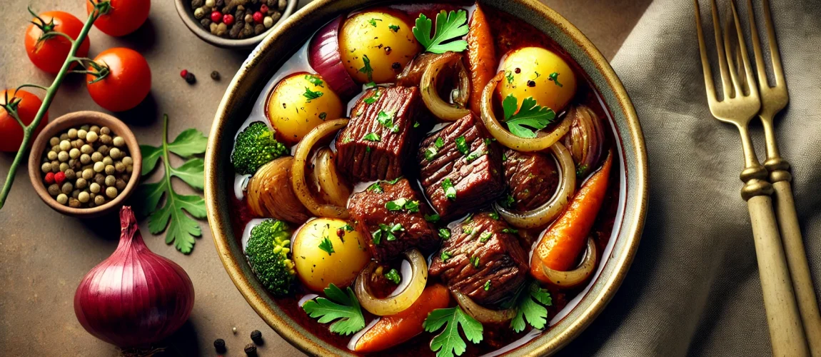 Alcatra, un estofado de ternera cocinado lentamente con vino y especias, acompañado de patatas, zanahorias y cebollas, servido en un plato de cerámica rústica.