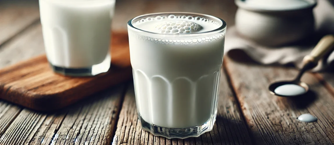 Imagen de Ayran, una bebida turca de yogur servida en un vaso sencillo, con una textura cremosa y una ligera espuma en la parte superior.