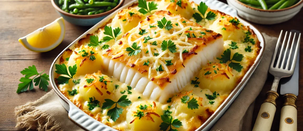 Bacalhau Espiritual, un plato portugués de bacalao al horno cubierto con bechamel y patatas, gratinado hasta obtener una costra dorada.