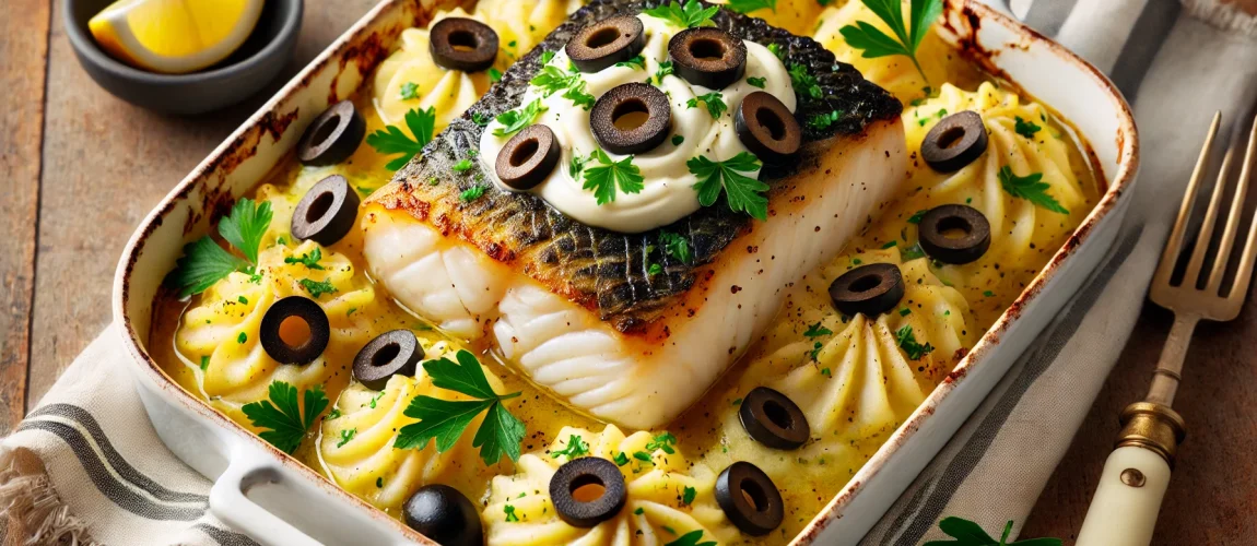 Bacalao a Zé do Pipo, un plato portugués de bacalao al horno, cubierto con puré de patatas cremoso y decorado con aceitunas negras y perejil fresco.