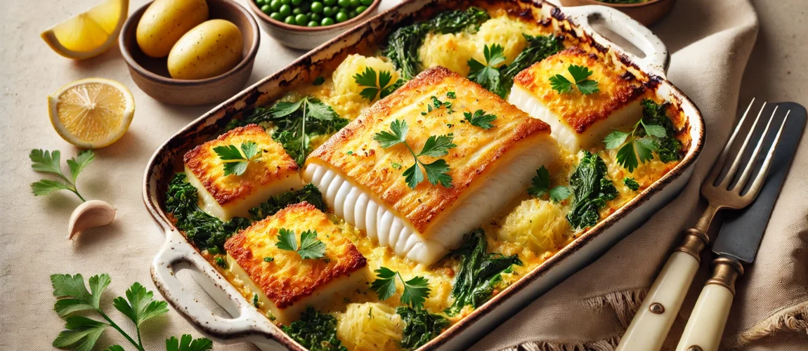 Bacalao com Broa, un plato portugués de bacalao al horno con una cobertura de pan de maíz y guarnición de col rizada y patatas cocidas