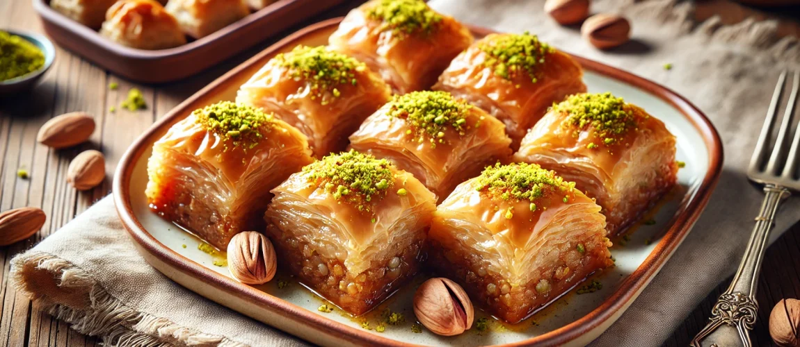 Imagen de baklava turco, un postre tradicional hecho de capas de masa filo crujiente rellenas de nueces y ligeramente endulzado con almíbar, decorado con pistachos triturados.